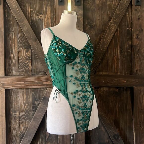 Mesh Sheer Lace-Up Embroidered Teddy Lingerie Snap Crotch Bodysuit - Picture 5 of 14